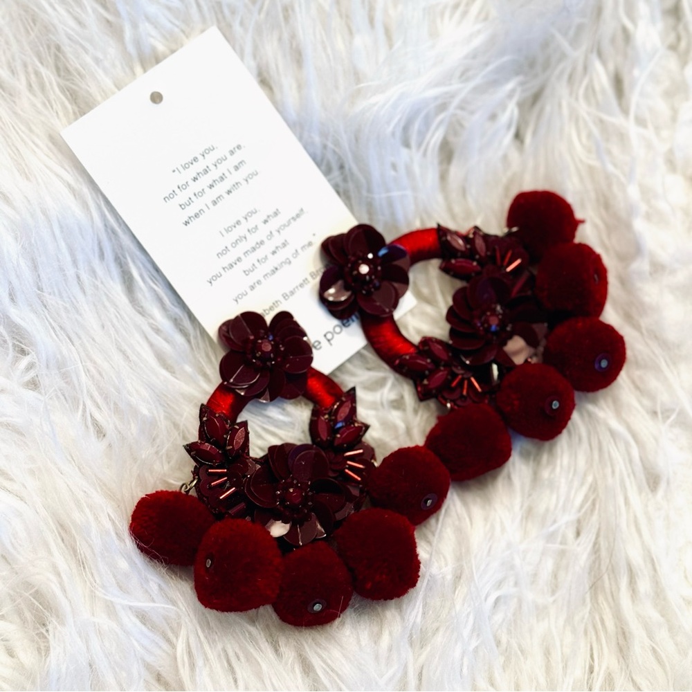 Love Poem Burgundy Floral Pom Pom Statement Earrings Red Stud 3”